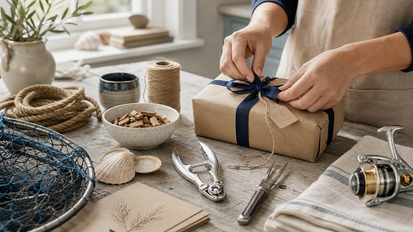 A coastal Father's Day gift box wrapped with navy ribbon and a wax seal
