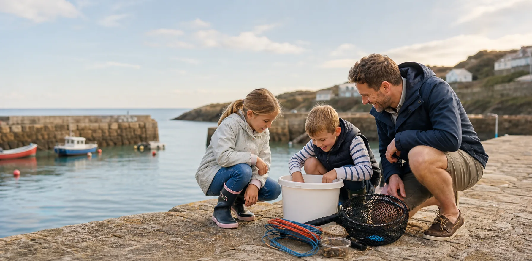 A family crabbing on a Cornish harbour wall
